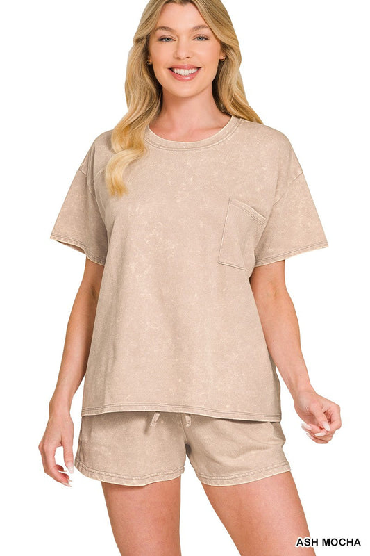 French Terry Acid Washed Relaxed Top & Short Set Zenana