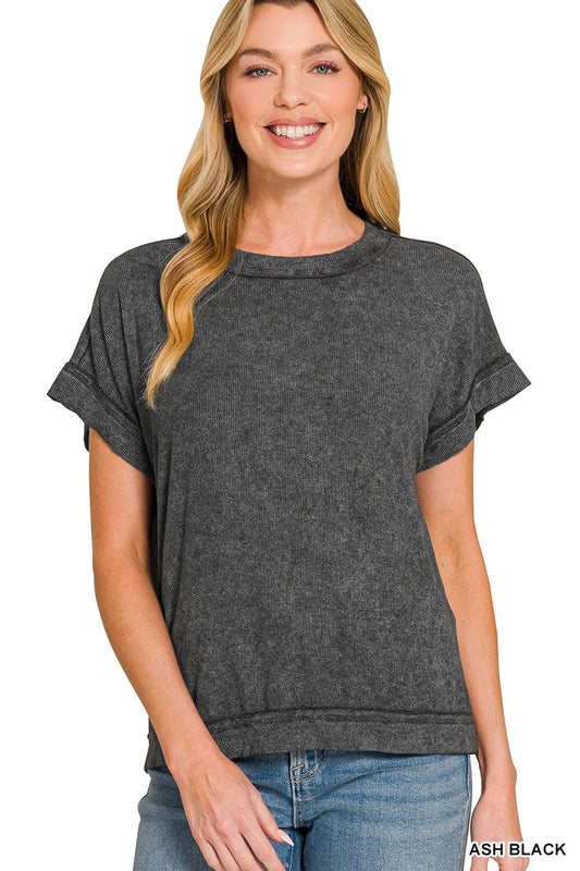 Ribbed Acid Washed Rayon Top Zenana