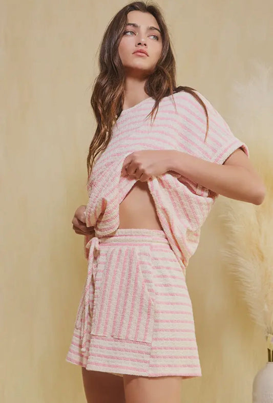 Bucketlist Pink Striped Print Textured  Dolman Sleeve Top With Drawstring Waist Shorts BUCKETLIST
