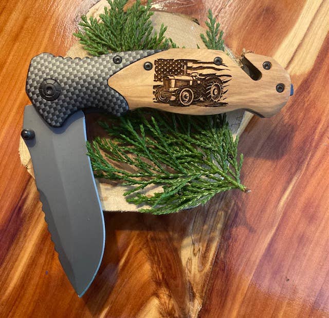 Quail Tail Laser Art - Farm Tractor on FLAG Knife Quail Tail Laser Art