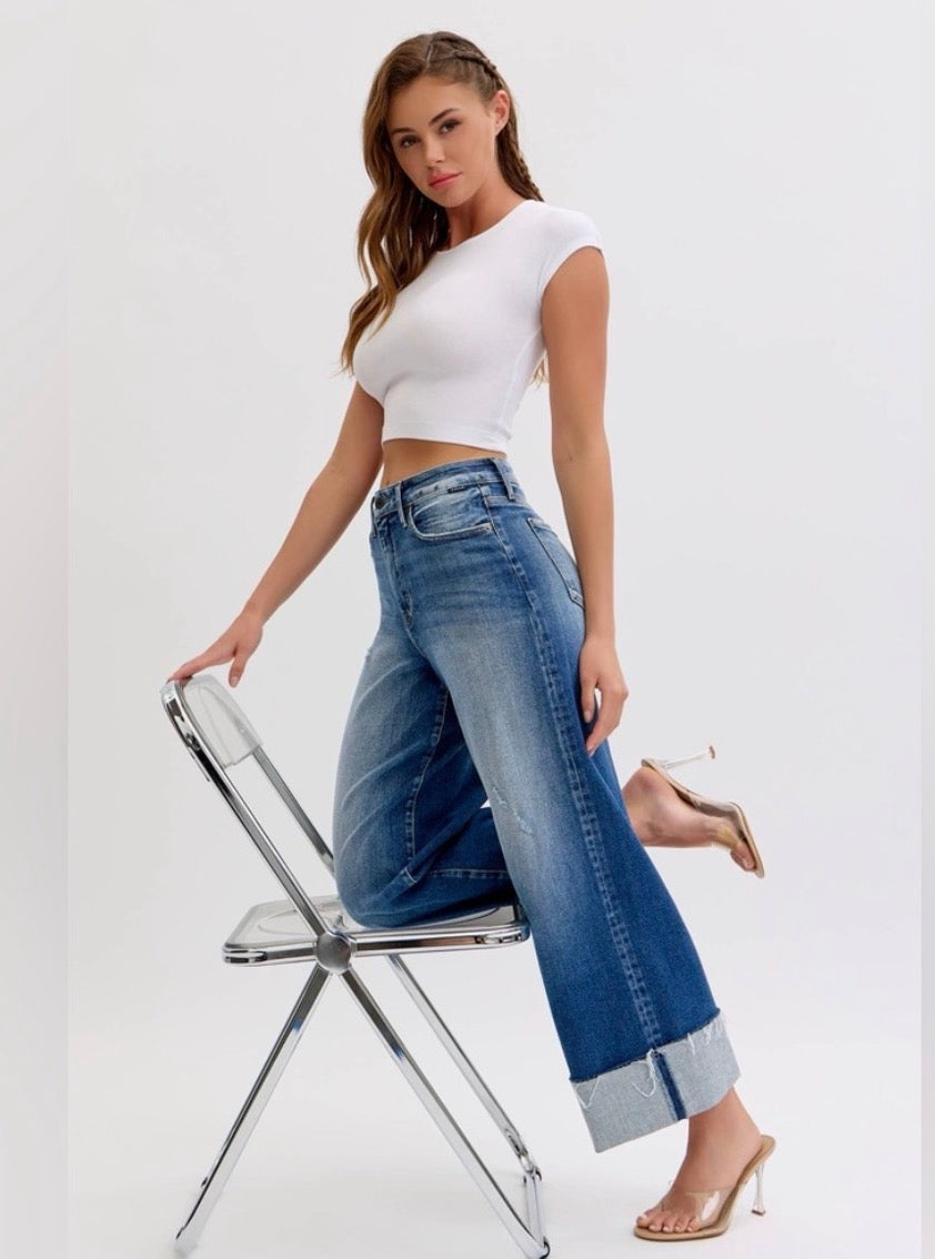 Cello Jeans Medium Wash  High Rise Crop Wide Leg With Cuff Jeans Cello Jeans
