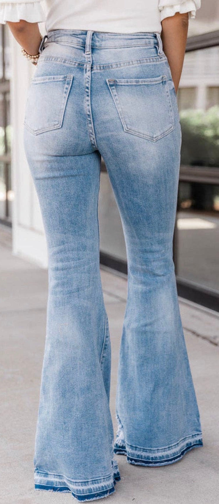 Umorger Denim Blue High Waist Buttoned Distressed Flared Jeans Umorger