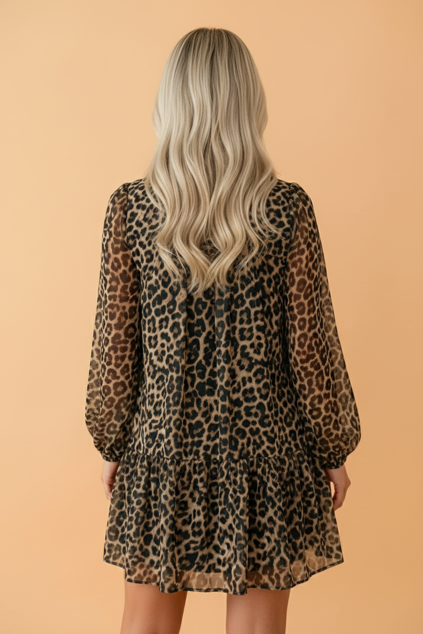 PRETTY BASH - PRETTY BASH Leopard Long Sleeve Shift Mini Dress: Brown / S PRETTY BASH