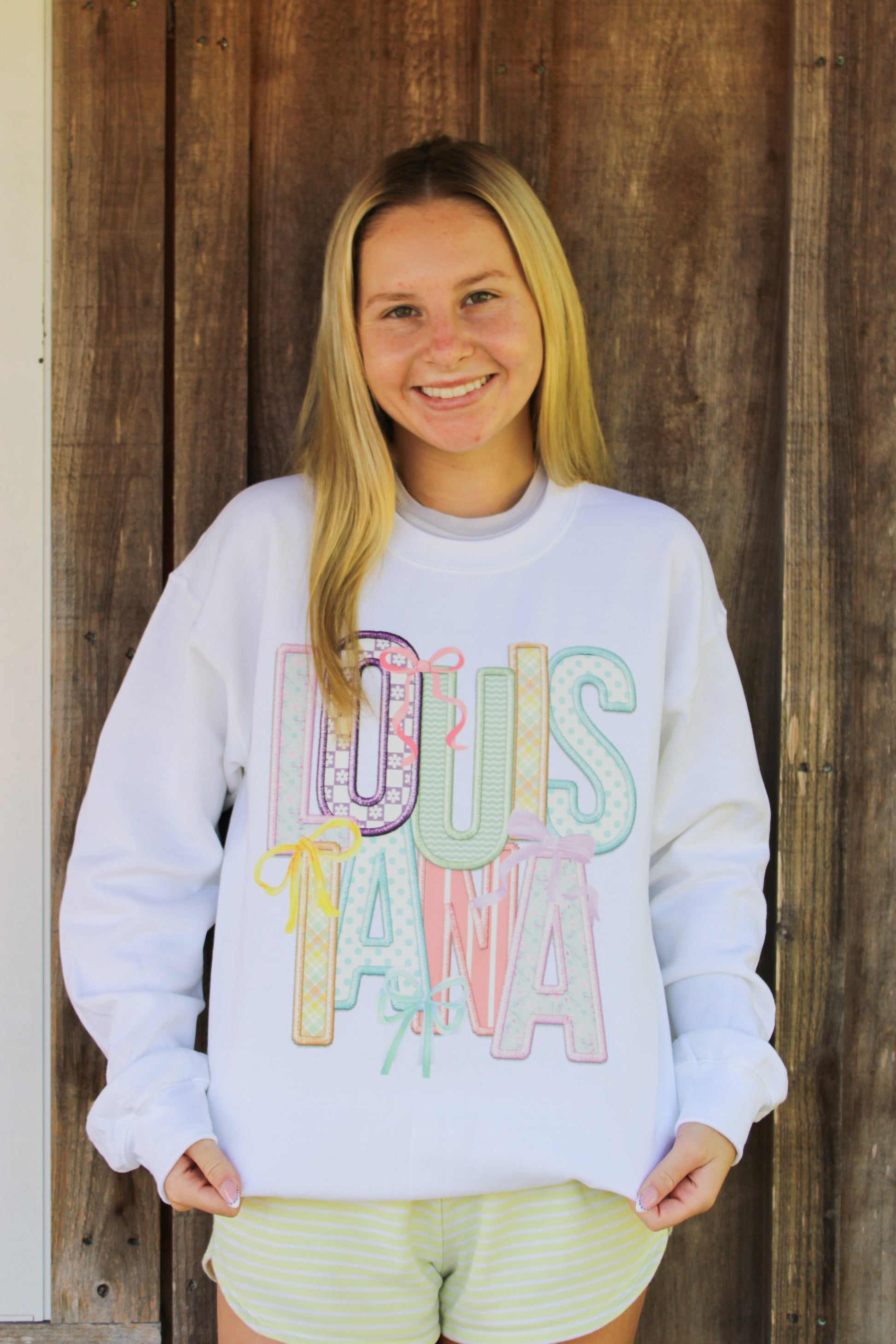 - Louisiana Coquette Faux Embroidery , White Sweatshirt Trendy Transfers