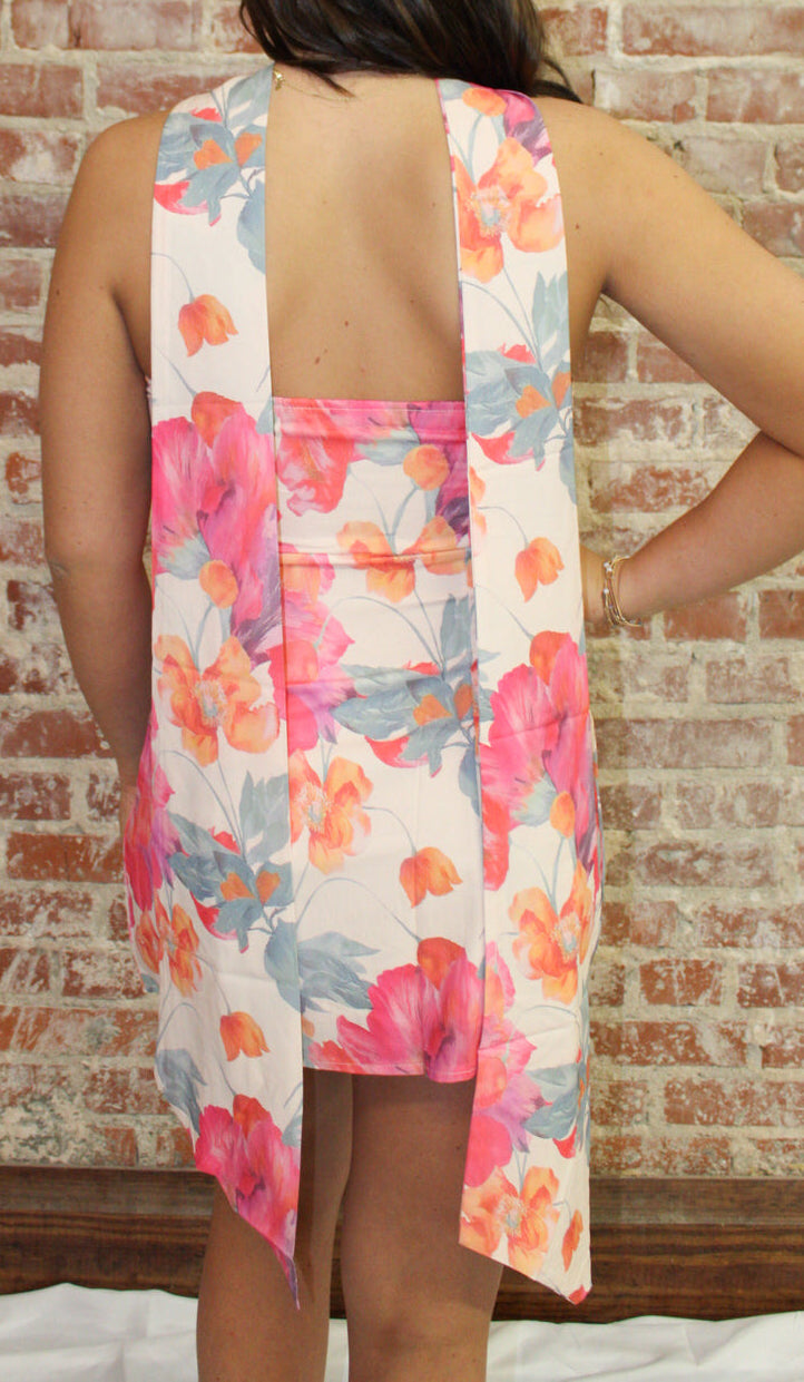 Rosa Clothing Yellow Scarf Neck Strapless Tube Floral Chiffon Mini Dress Rosa Clothing