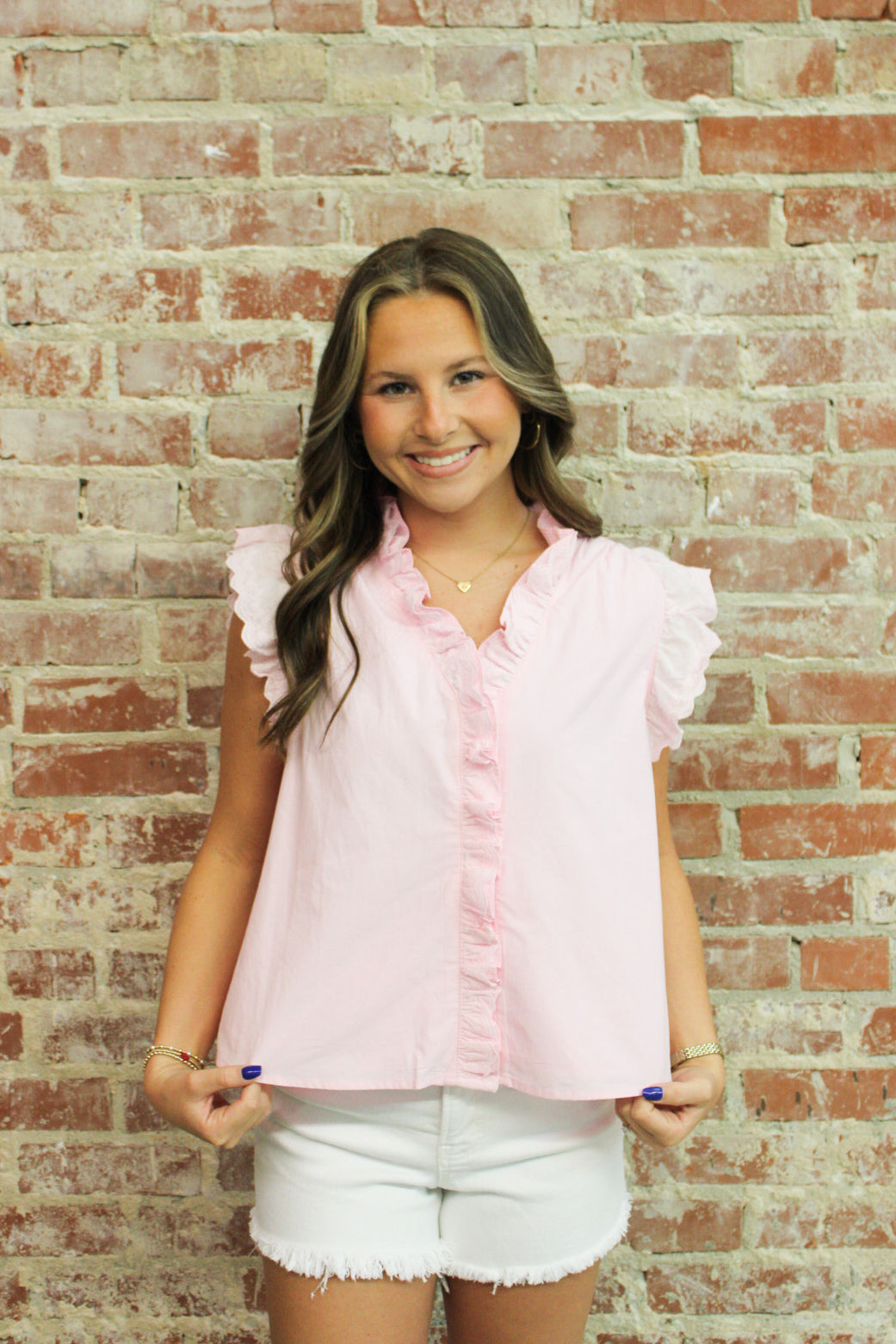 &MERCI PEONY PINK LACE TRIM RUFFLED BUTTON DOWN TOP &MERCI