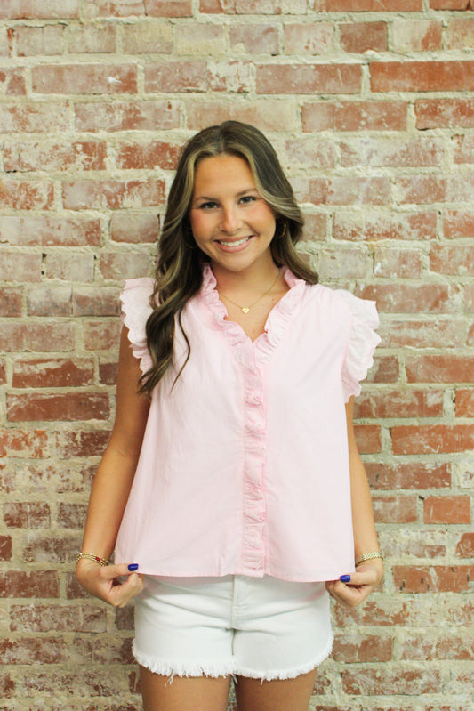 &MERCI PEONY PINK LACE TRIM RUFFLED BUTTON DOWN TOP &MERCI