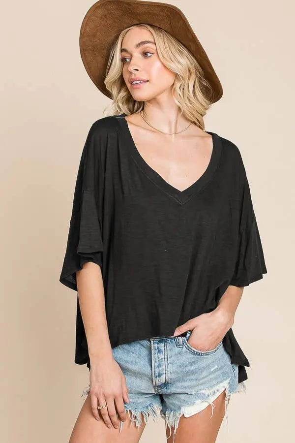 BUCKETLIST - T1722 Solid V-neck Oversized Top BUCKETLIST