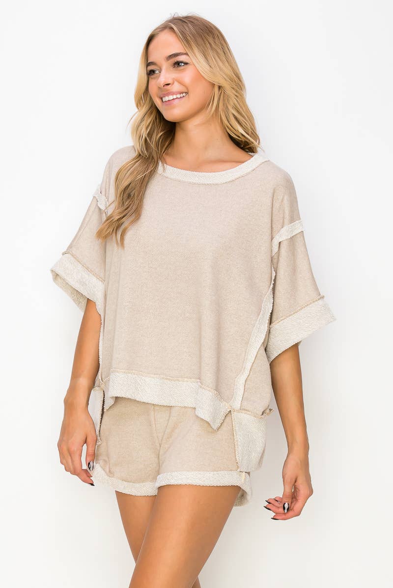 J.Her - Oversize Reverse Contrast Banded Top HT4028: Taupe / S-M-L / 2-2-2 J.Her