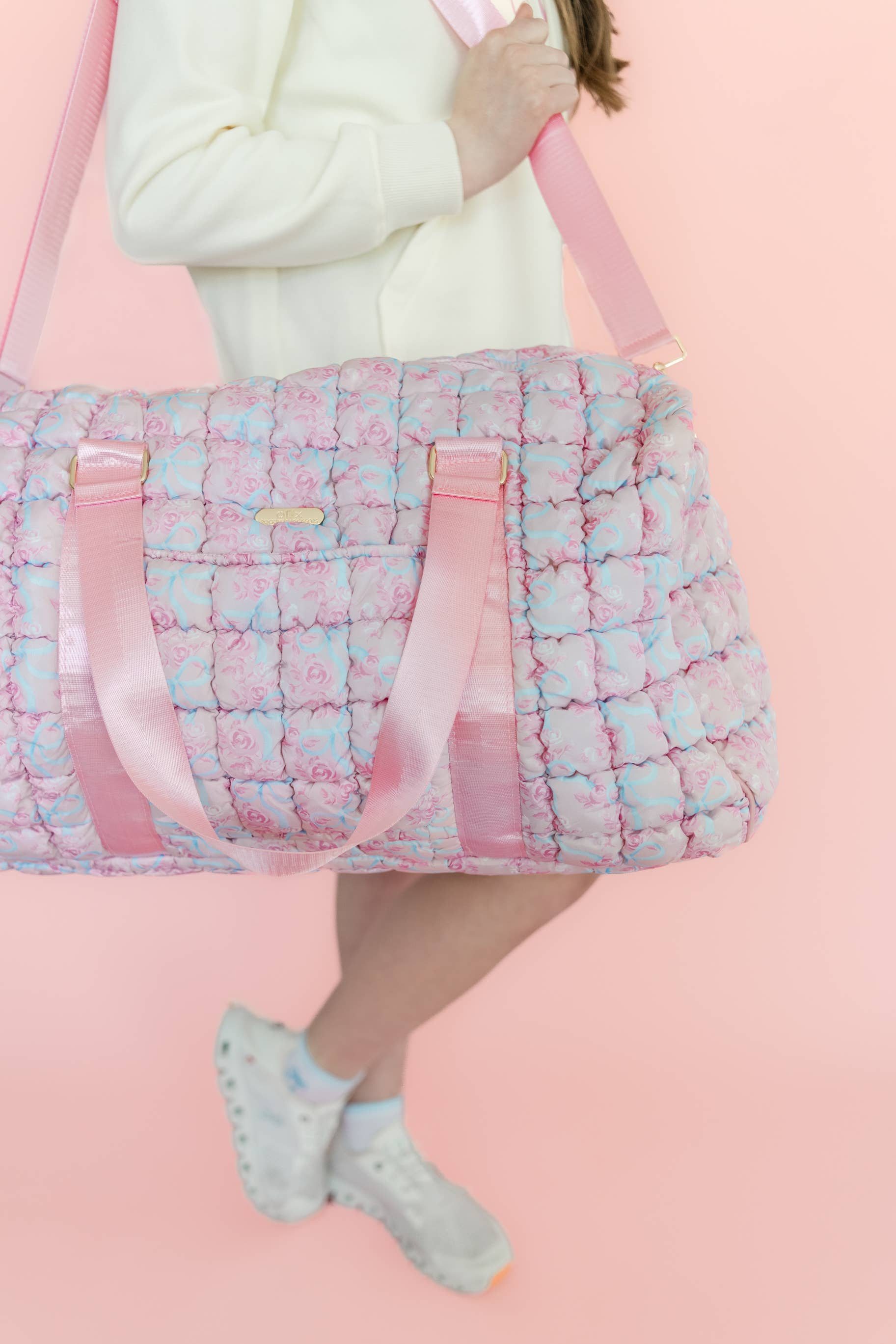 Rock Paper Scissors - Watercolor Floral Bow Quilted Weekender Duffle Tote Bag Rock Paper Scissors