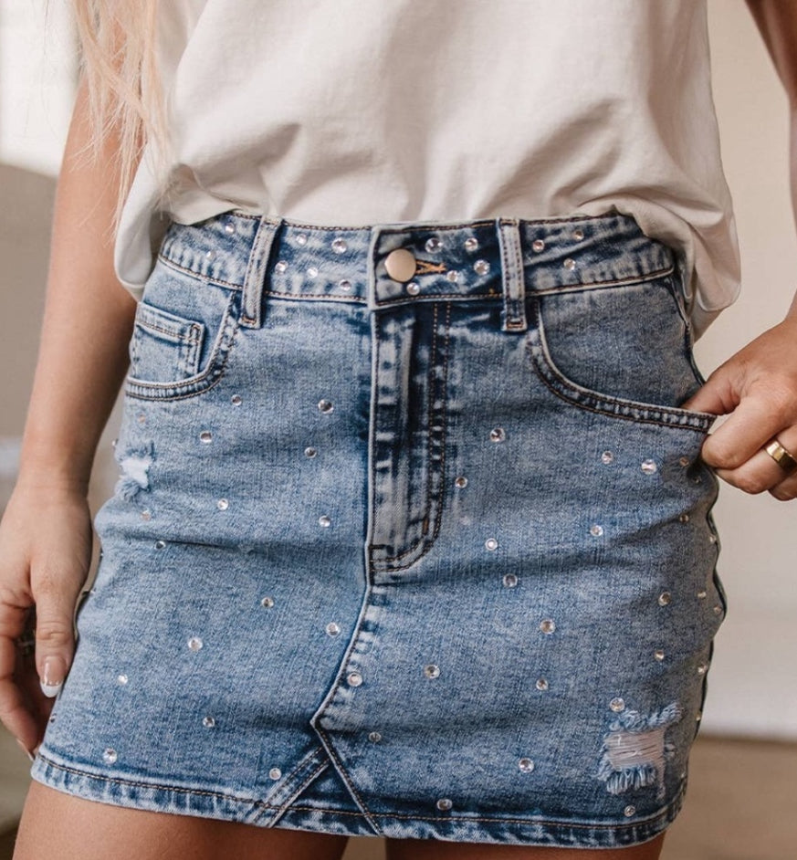 Rhinestone Distressed Denim High Waist Mini Skirt Aapparella