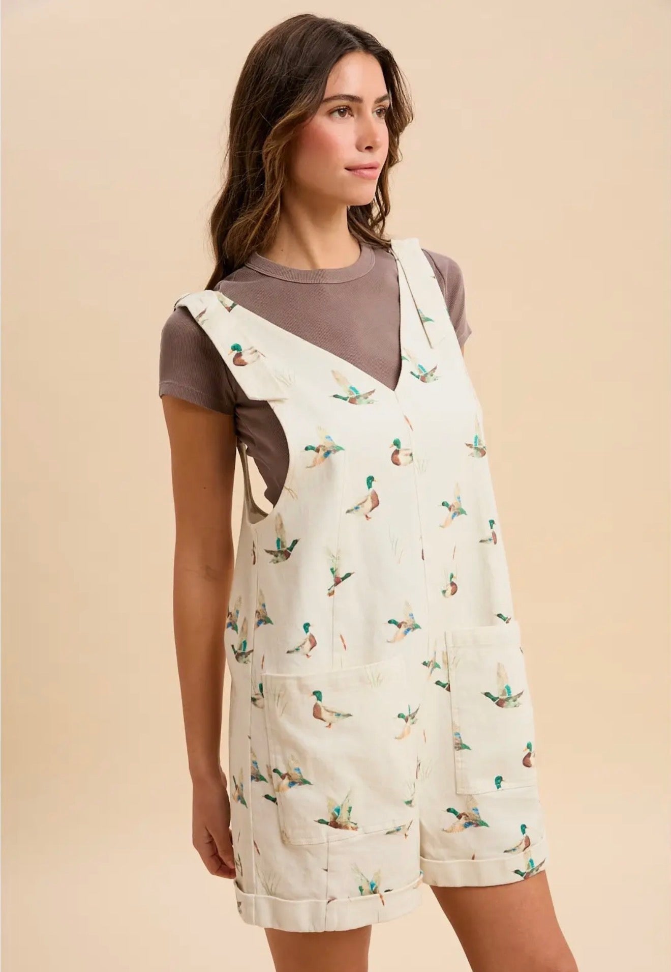 Ivory Mallard Duck Print Cotton Twill Loose Fit Romper Vanilla Monkey