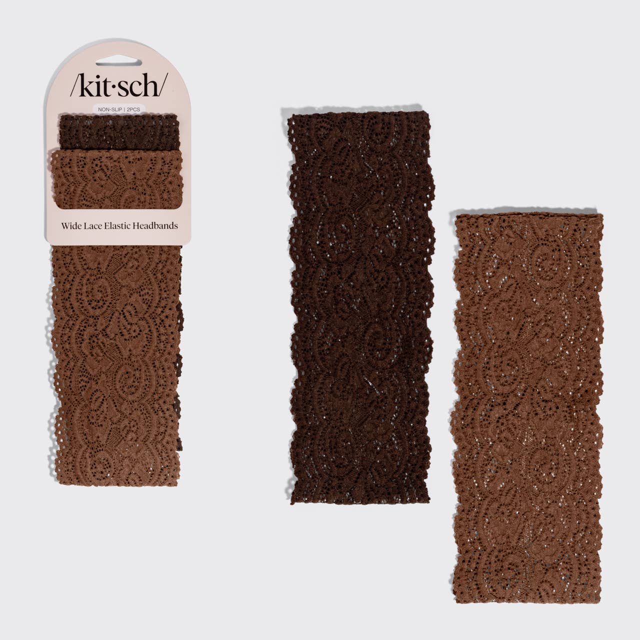 KITSCH - Wide Lace Elastic Headbands 2pc Set - Mocha & Chocolate KITSCH