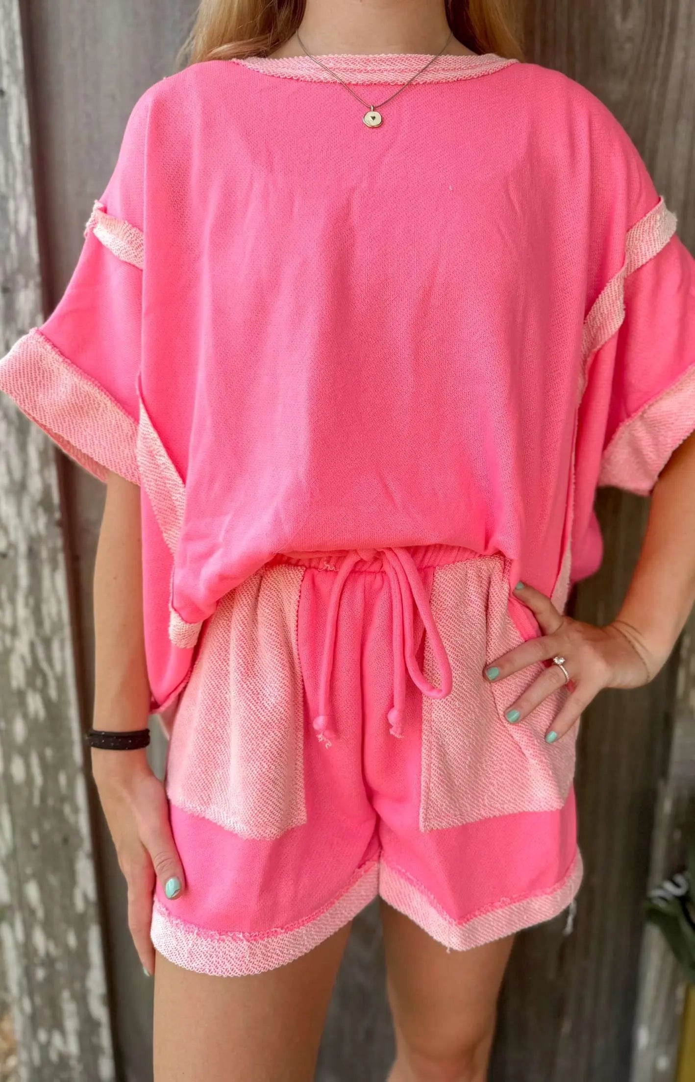 Oversize Banded Top and LoopTerry Pocket Short Set- Fuchsia J Her Inc