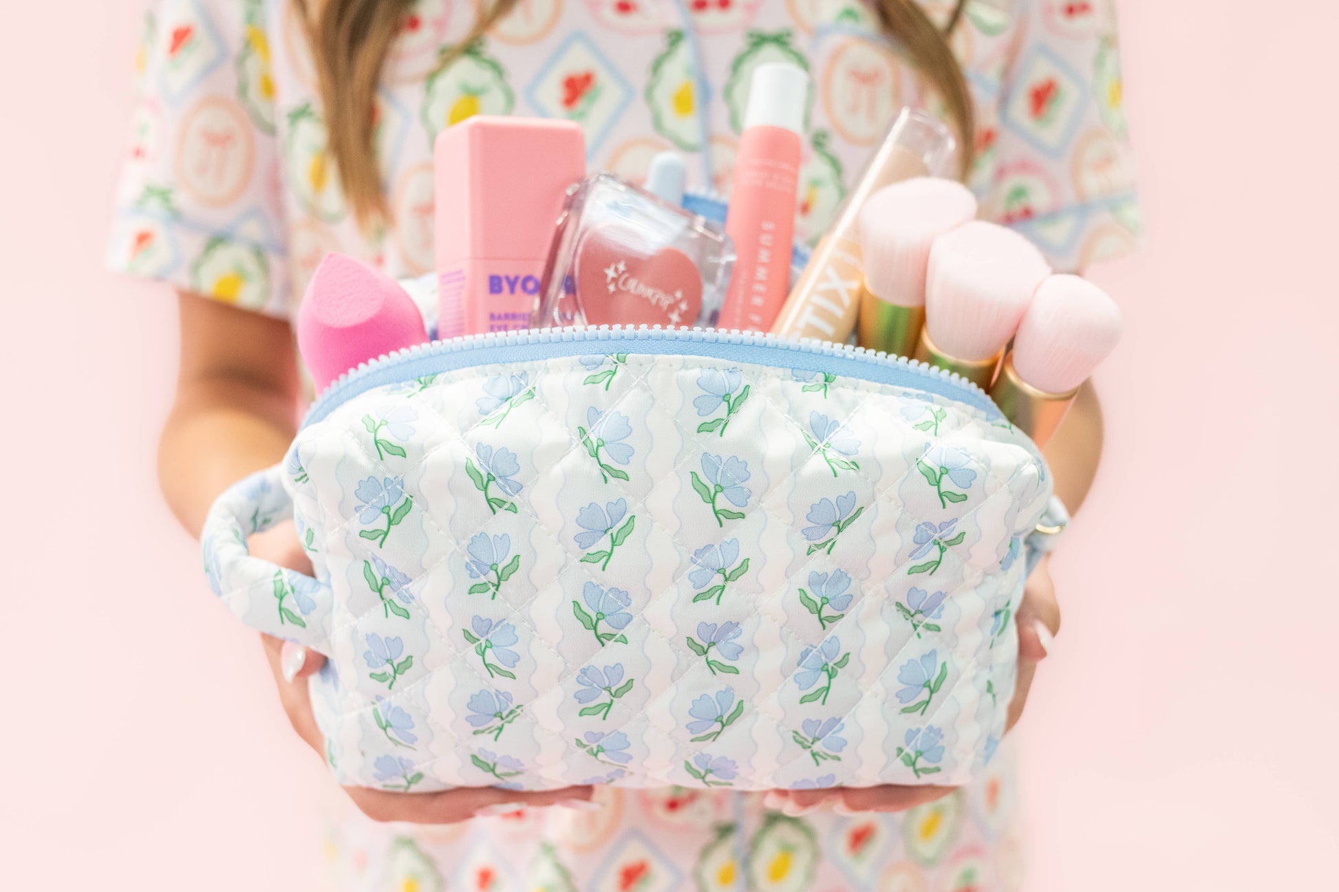 Rock Paper Scissors - Quilted Cosmetic Pouch with Side Handle - Blue Belle Floral Rock Paper Scissors