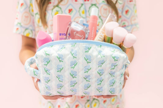 Rock Paper Scissors - Quilted Cosmetic Pouch with Side Handle - Blue Belle Floral Rock Paper Scissors