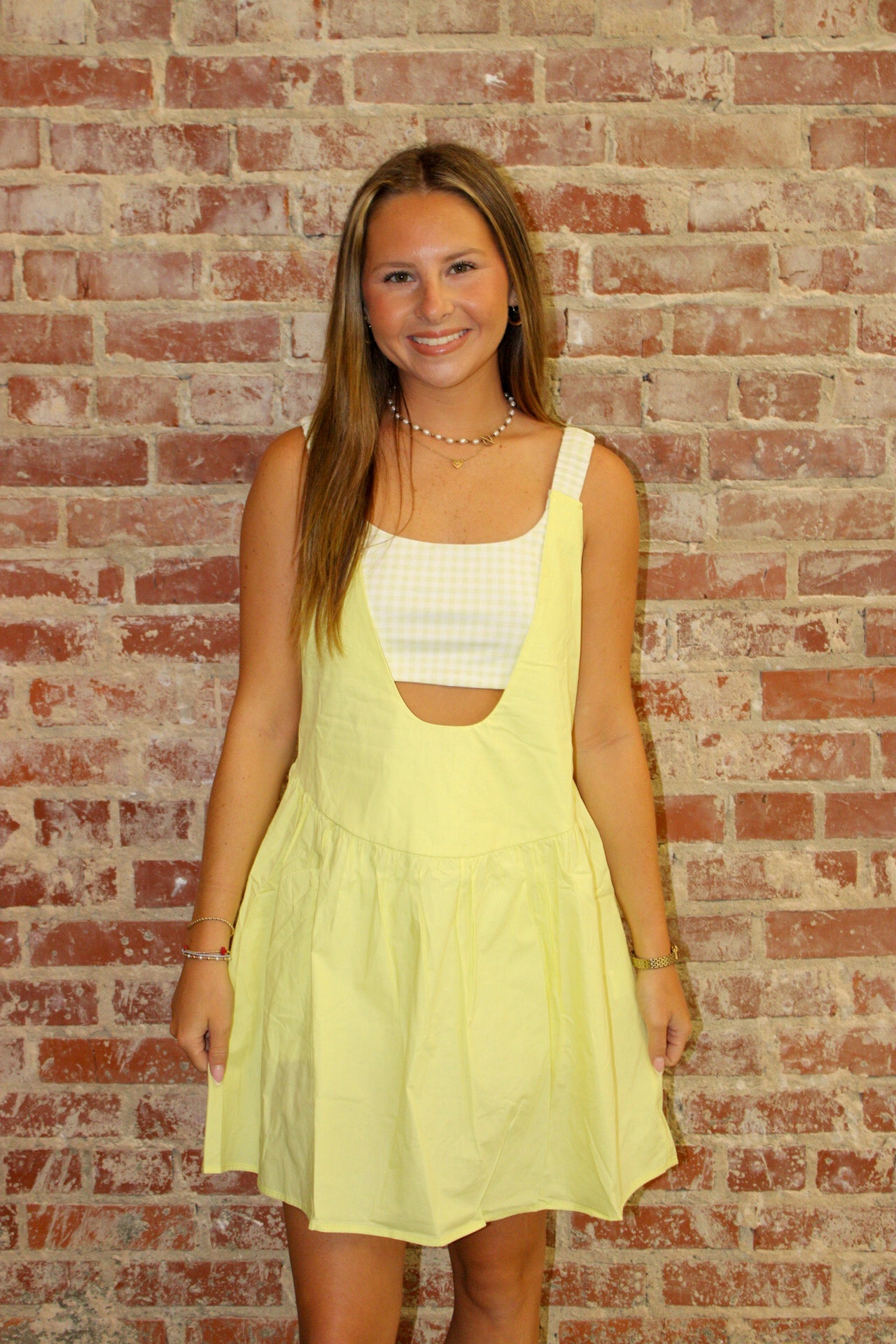 1 the Woman Yellow Cream Faux 2 Pc Gingham Contrast Patchwork Loose Mini Dress 1 the Woman