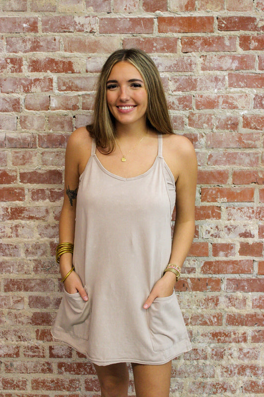 Zenana Ash Mocha Acid Washed Mini Dress With Built-in Romper Zenana