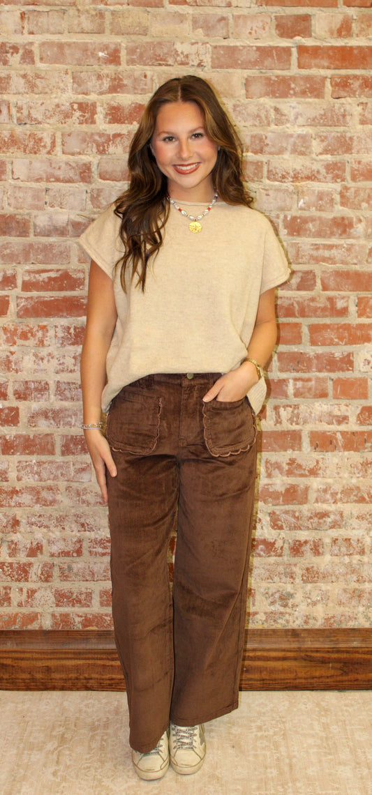 Bon Mocha Stretch Corduroy Wide Leg Pants BON