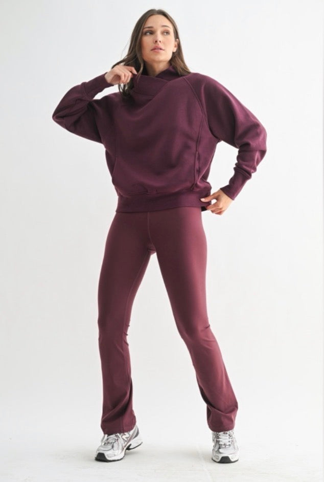 Mono B Dark Plum Fleece Mock Neck Sweater &  Crossover Waist Yoga Pants Set Mono B