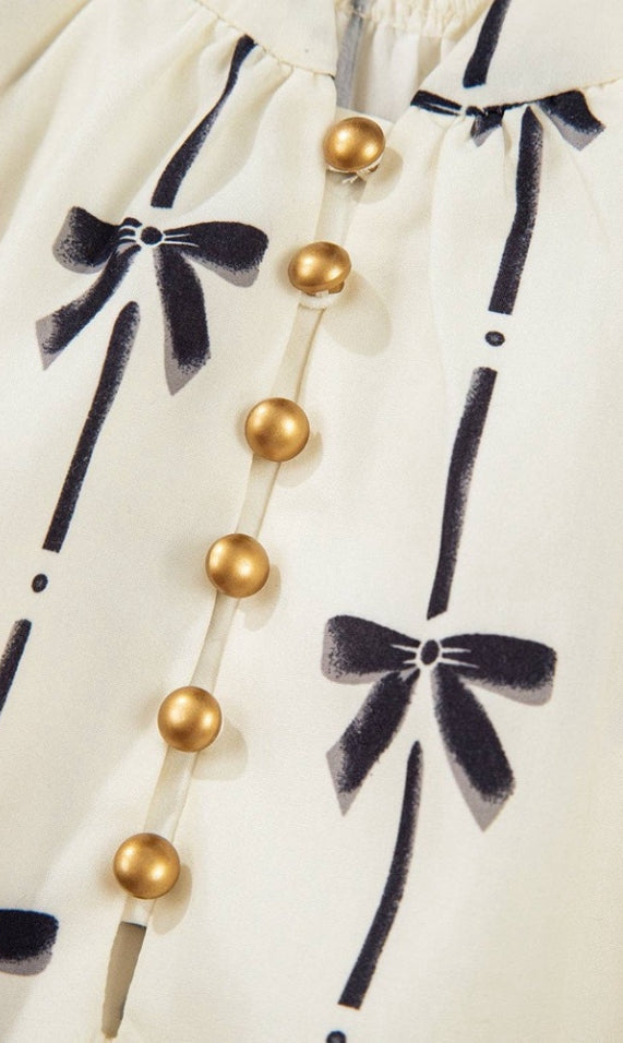 Beige Cute Bowknot Printed Bubble Sleeve V Neck Mink Dress Lovesoft