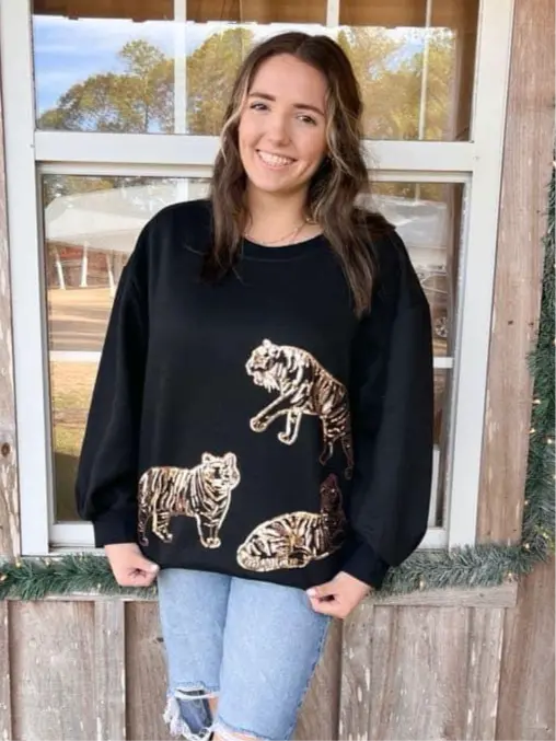 SHE + SKY LONG SLEEVE TIGER SEQUINED INSIDE BRUSHED KNIT TOP She + Sky