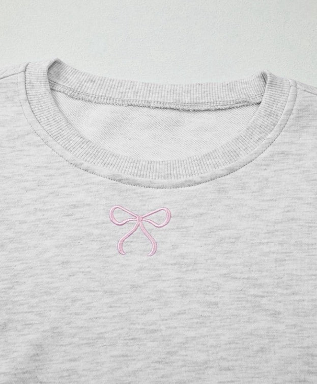 Gray Bow Embroidery Long Sleeve Pullover and Shorts Set LA Society