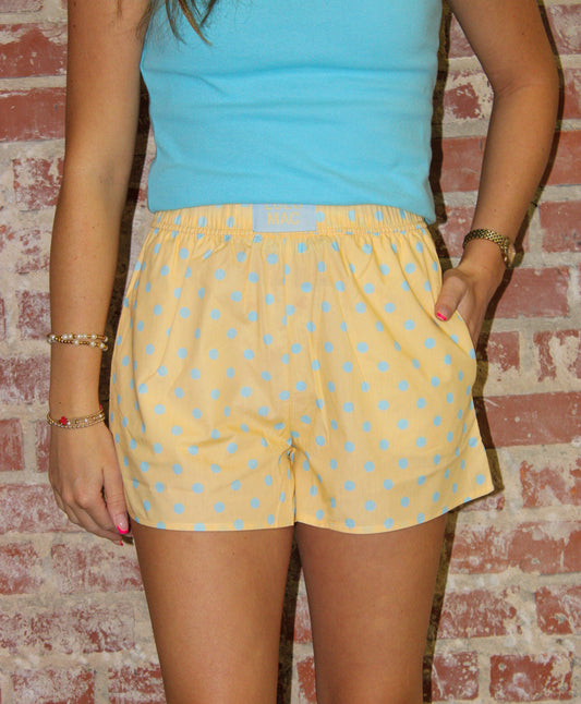 Lulu Mac Light Butter/ Light Blue Polka Dot Boxer Shorts Girlie Girl Originals