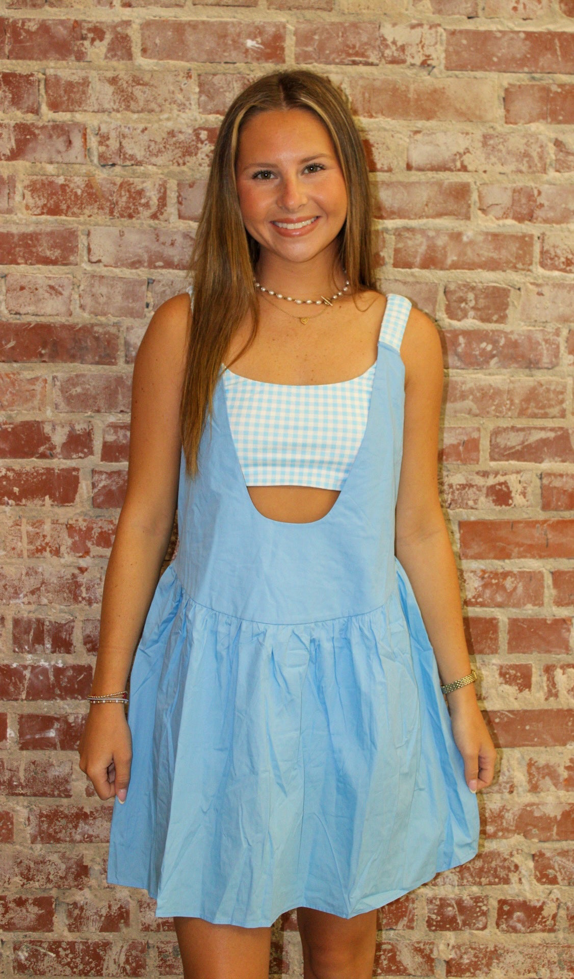 1 the Woman Beau Blue Faux 2 Pc Gingham Contrast Patchwork Loose Mini Dress 1 the Woman
