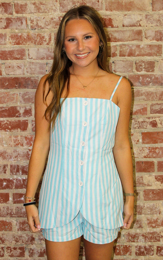 Powder Blue And White Striped Button Front Open Back Romper BABY PINK