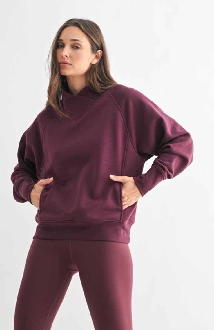 Mono B Dark Plum Fleece Mock Neck Sweater &  Crossover Waist Yoga Pants Set Mono B