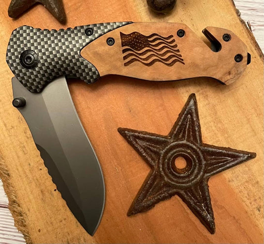 Quail Tail Laser Art - American Wavy Flag Knife Quail Tail Laser Art