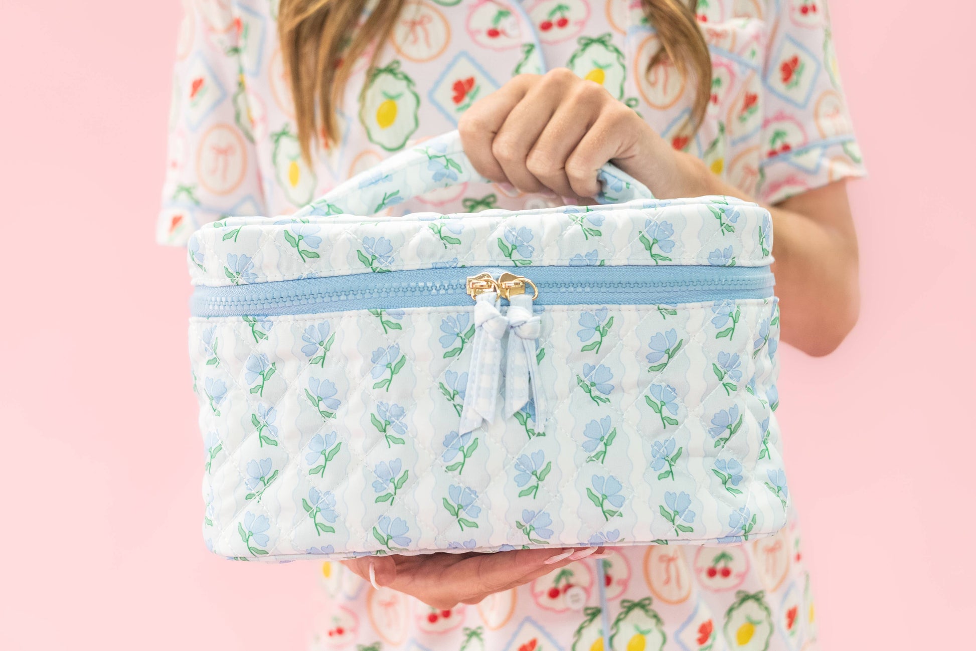 Rock Paper Scissors - Quilted Cosmetic Bag with Top Handle - Blue Belle Floral Rock Paper Scissors