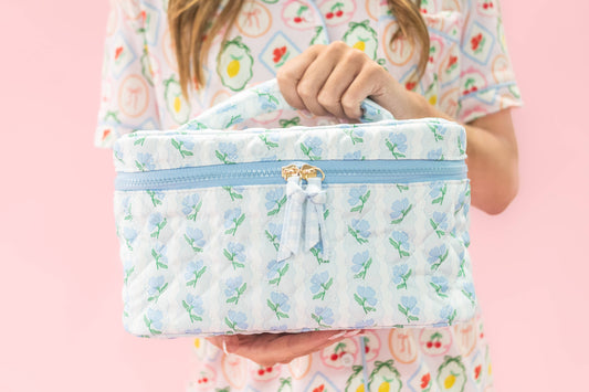 Rock Paper Scissors - Quilted Cosmetic Bag with Top Handle - Blue Belle Floral Rock Paper Scissors