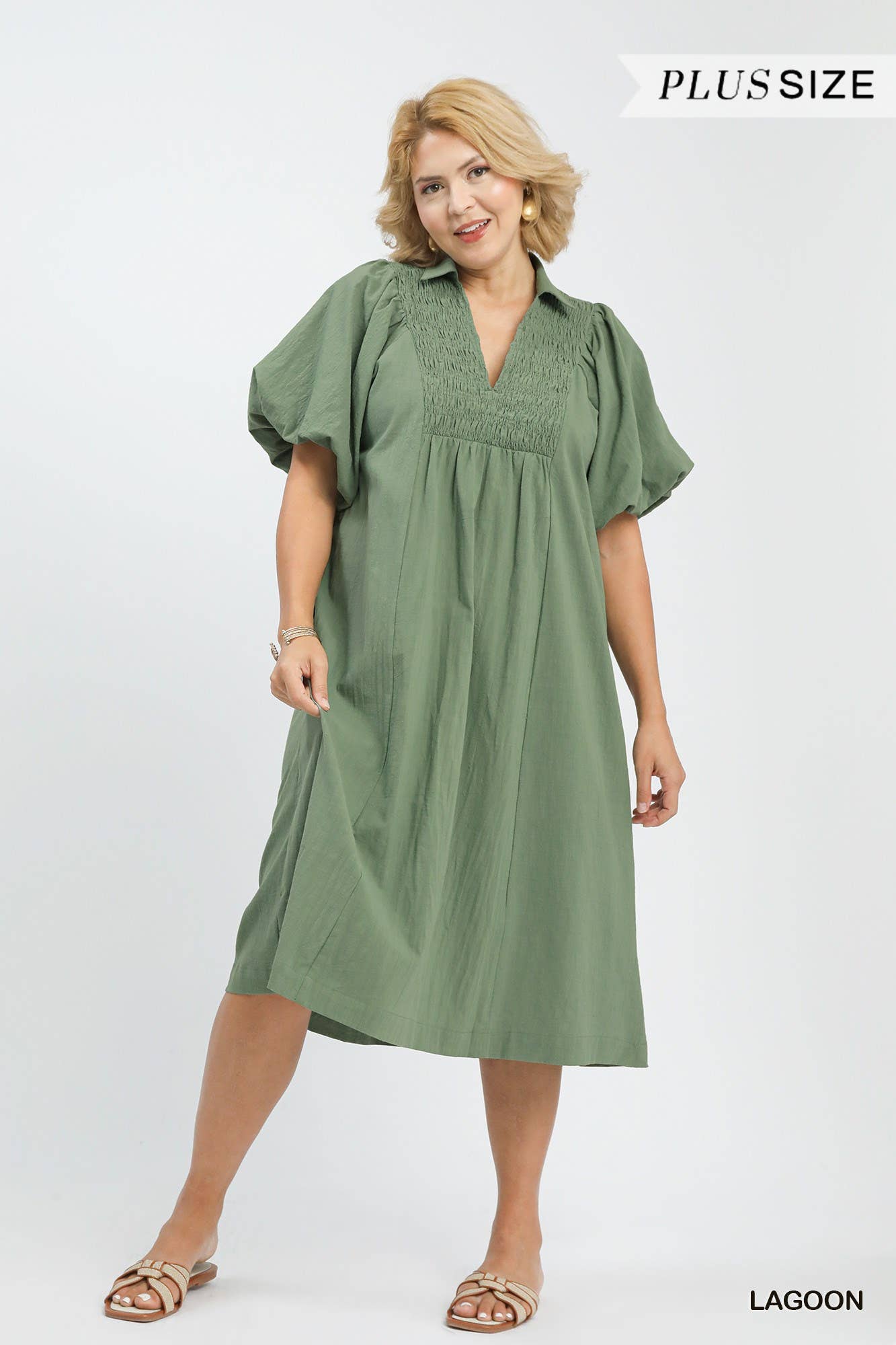 Vanilla Monkey - Plus Smocked Front Yoke Midi Dress: LAGOON / 1-1-1(XL-1XL-2XL) Vanilla Monkey
