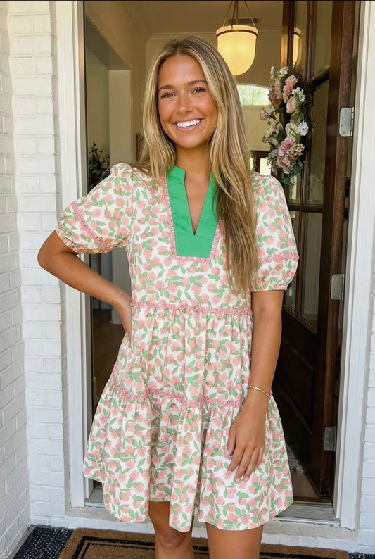 LA Society Green Missy Ricrac Trim Floral Puff Sleeve Dress LA Society