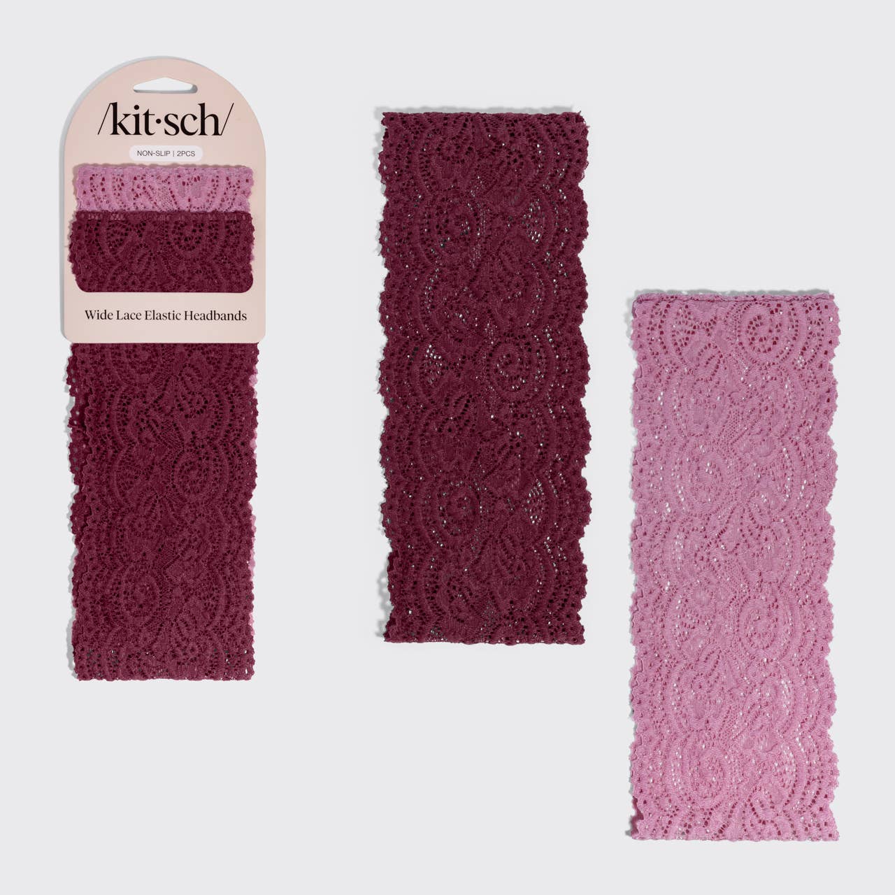 KITSCH - Wide Lace Elastic Headbands 2pc Set - Cherry Lacquer & Dusty Pink KITSCH