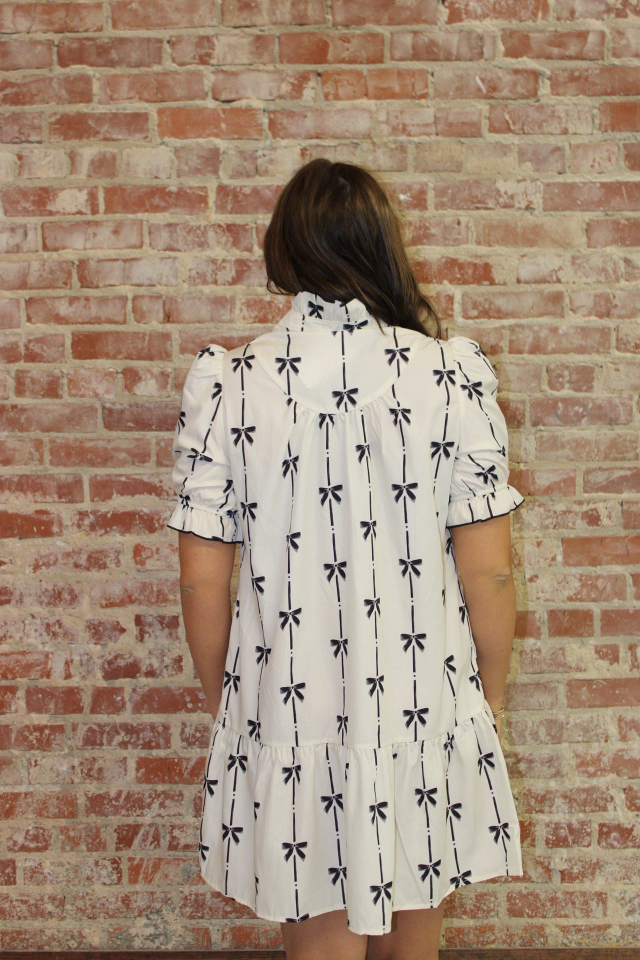 Beige Cute Bowknot Printed Bubble Sleeve V Neck Mink Dress Lovesoft