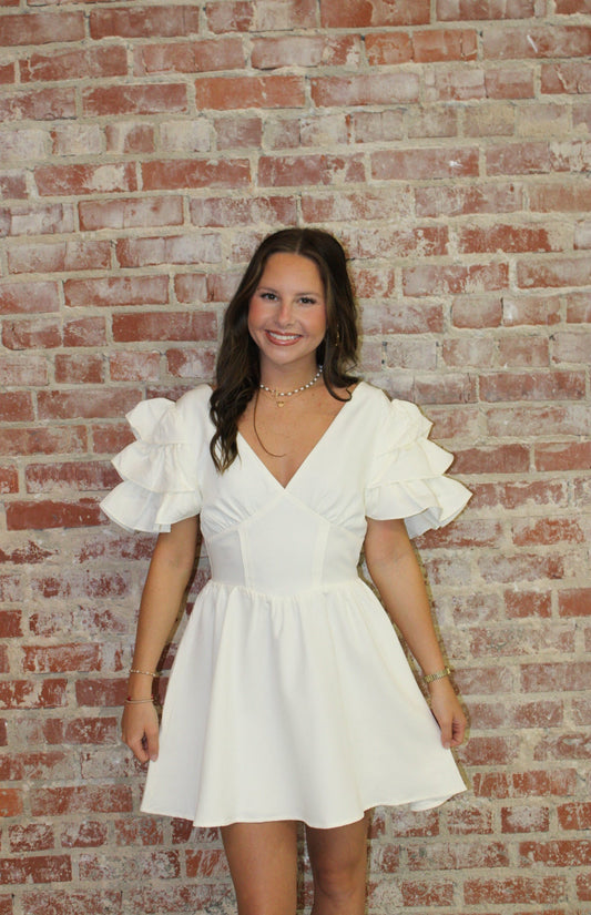 Day + Moon V Neck Mini Dress With Multi Tiered Ruffles day & moon