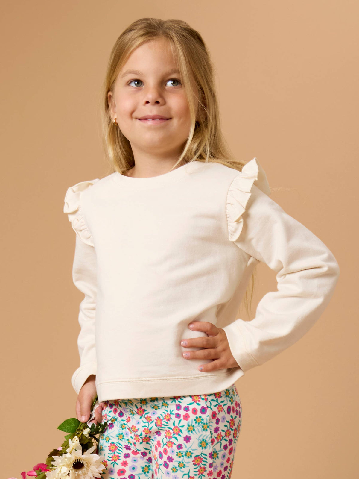 RuffleButts + RuggedButts - Girls Ivory Knit Flutter Sweatshirt: Off-White / 8 RuffleButts + RuggedButts
