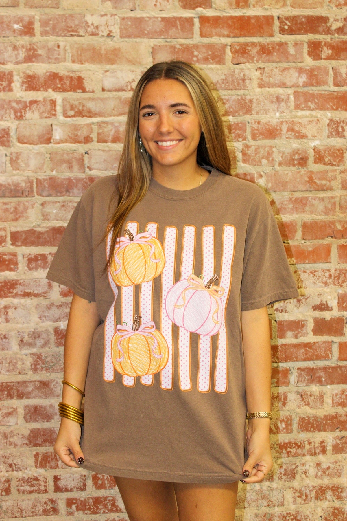 Fall Espresso Polka Dots and Crayon Pumpkins Graphic Tee Dash Forward Wholesale