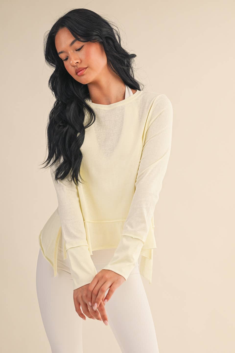 KIMBERLY C - Cotton Slub Long Sleeve Layering Top: Yellow / M KIMBERLY C