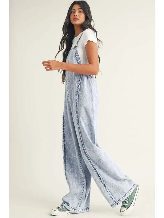 Light Wash Frayed Exposed Seam Wide Leg Denim Overall Little Daisy Closet