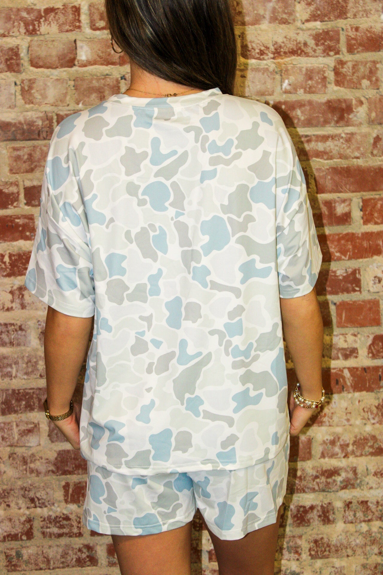 Multicolour Camo Short Sleeve Patch Pocket Tee and Drawstring Shorts Set 1 the Woman