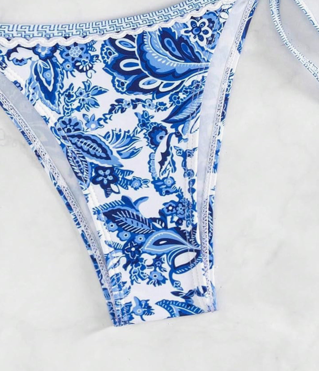 Blue Bohemian Print Lace-Up Sexy Bikini Split Swimsuit Set Rosa Clothing
