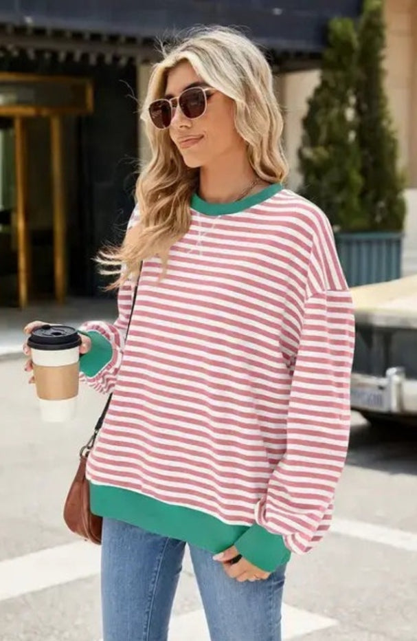 Pink And White Comfortable Crew Neck Striped Color Contrast Pullover Sweatshirt Lovesoft