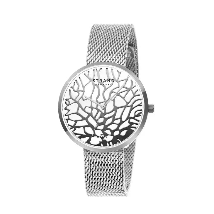 Ladies Silver Tone Coral Reef Print Dial Mesh Strap Watch