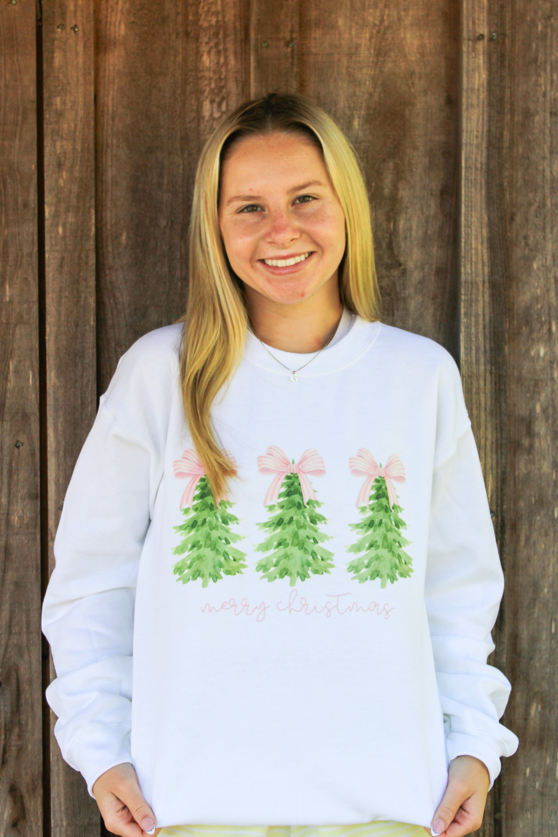 Merry Christmas Pink Stripe Bow Christmas Grey Sweatshirt Trendy Transfers