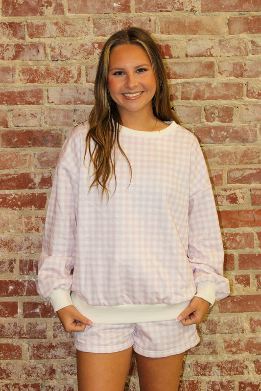 Pink 2 Piece Set Gingham Crewneck & Shorts Loungewear 1 the Woman