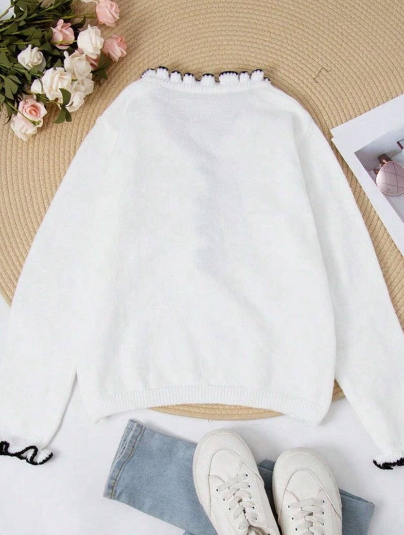 Stylish Contrasting Fungus Trimmed Pearl Button Sweater Rosa Clothing